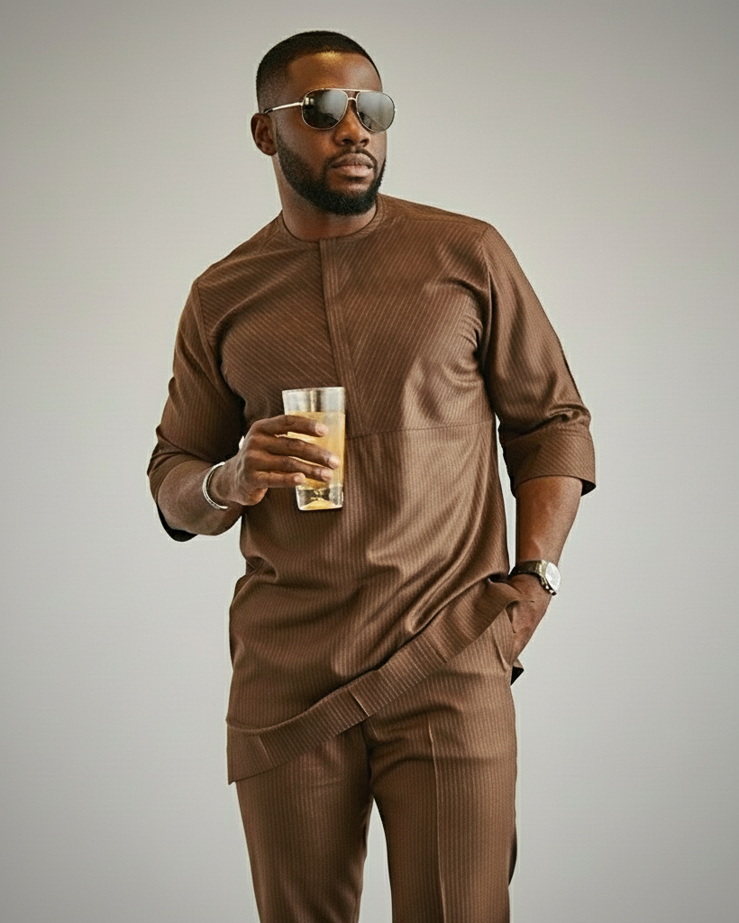 Man in a brown outfit holding a drink against a gray background