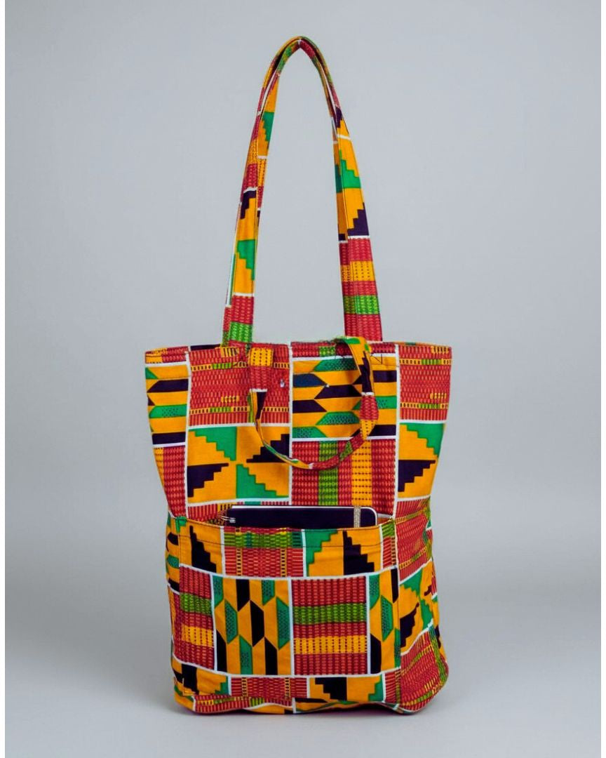 Shopper bag with African print - Yellow Green Kente - Reusable Cotton Tote Bag