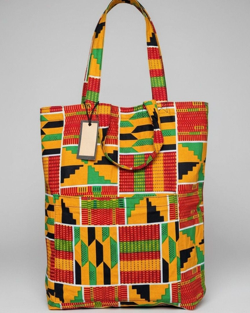 Shopper bag with African print - Yellow Green Kente - Reusable Cotton Tote Bag