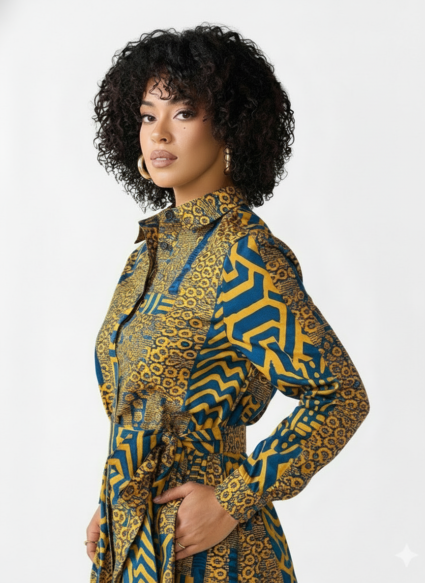 Woman wearing a patterned dress with blue and yellow design on a gray background