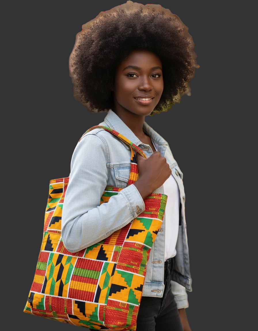 Woman holding a colorful patterned bag against a white background