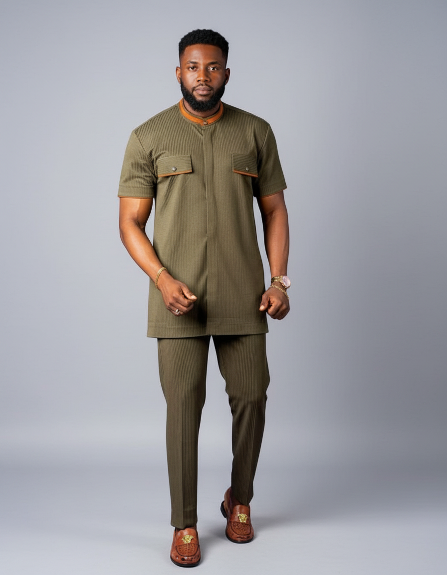 Man in a green outfit walking down a city street at dusk.