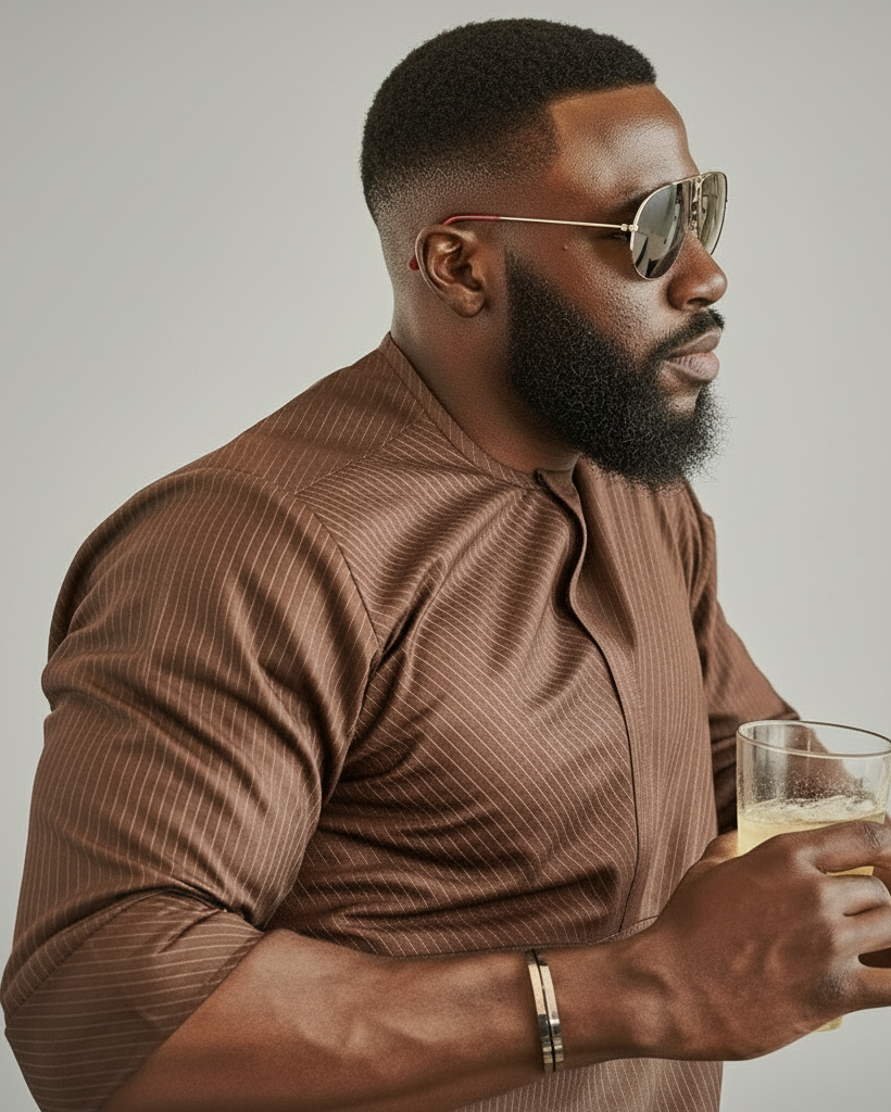 Man in a brown shirt and sunglasses holding a glass indoors