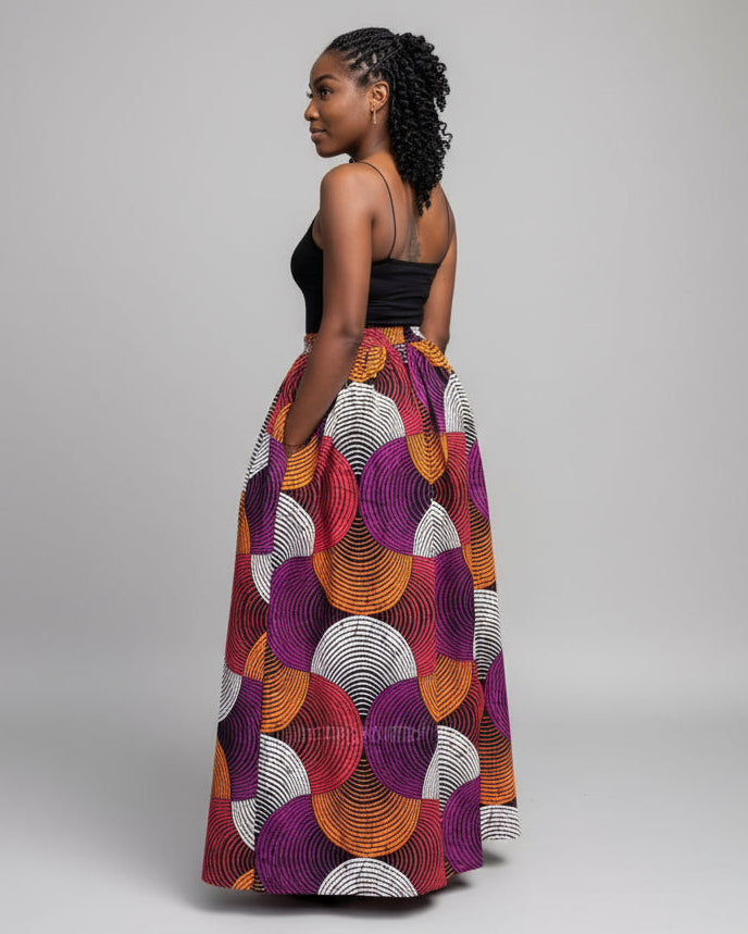 African print maxi skirt - Orange & Purple Concentric Circle Design