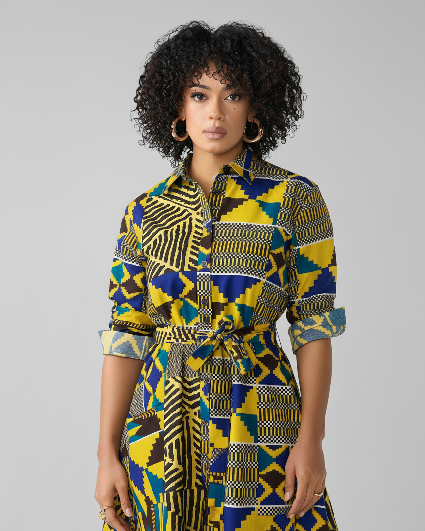 Woman wearing a colorful patterned dress on a gray background