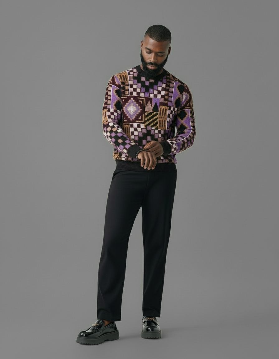 Man wearing a patterned shirt and black pants on a grey background