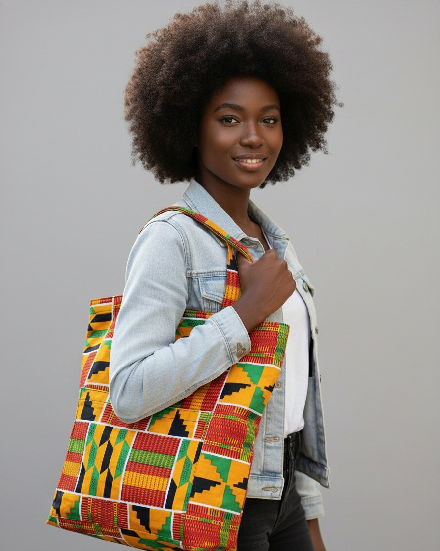 Woman holding a colorful patterned bag 