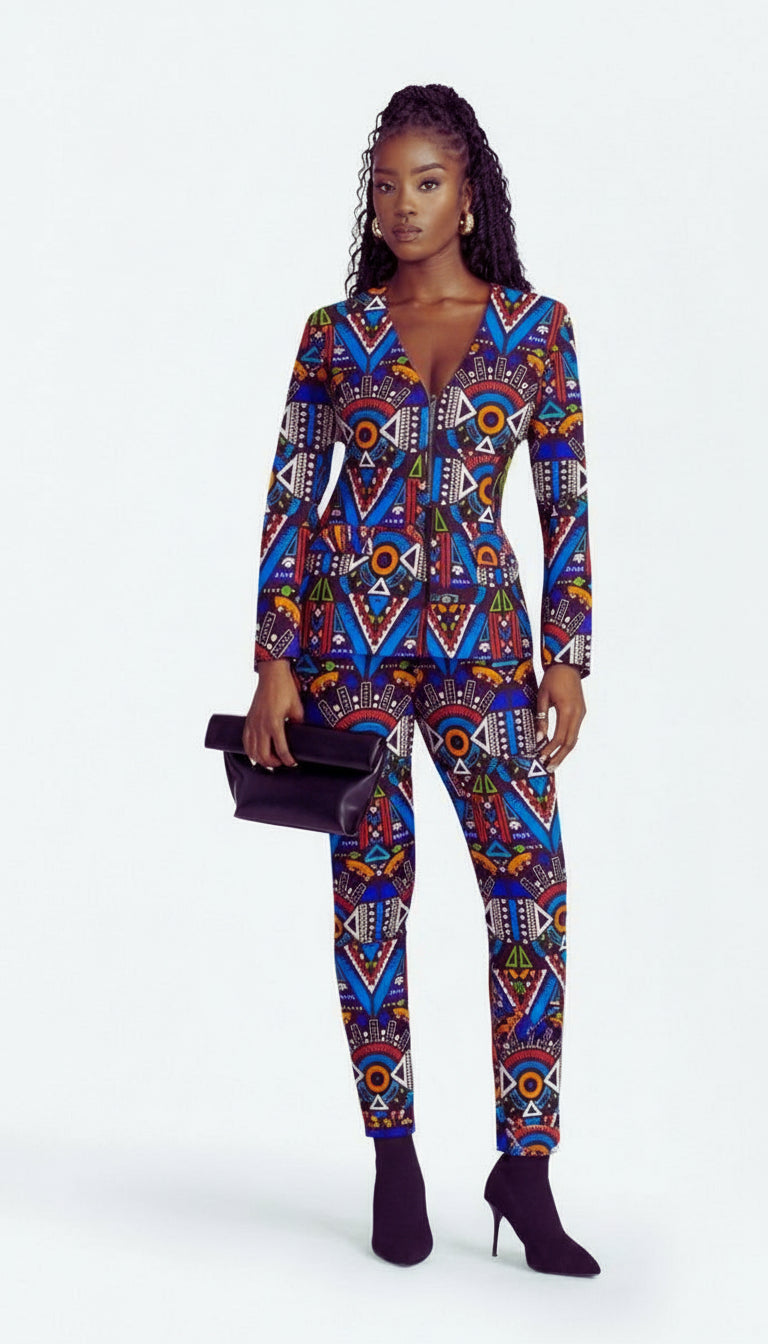 Woman wearing a colorful patterned outfit on a gray background