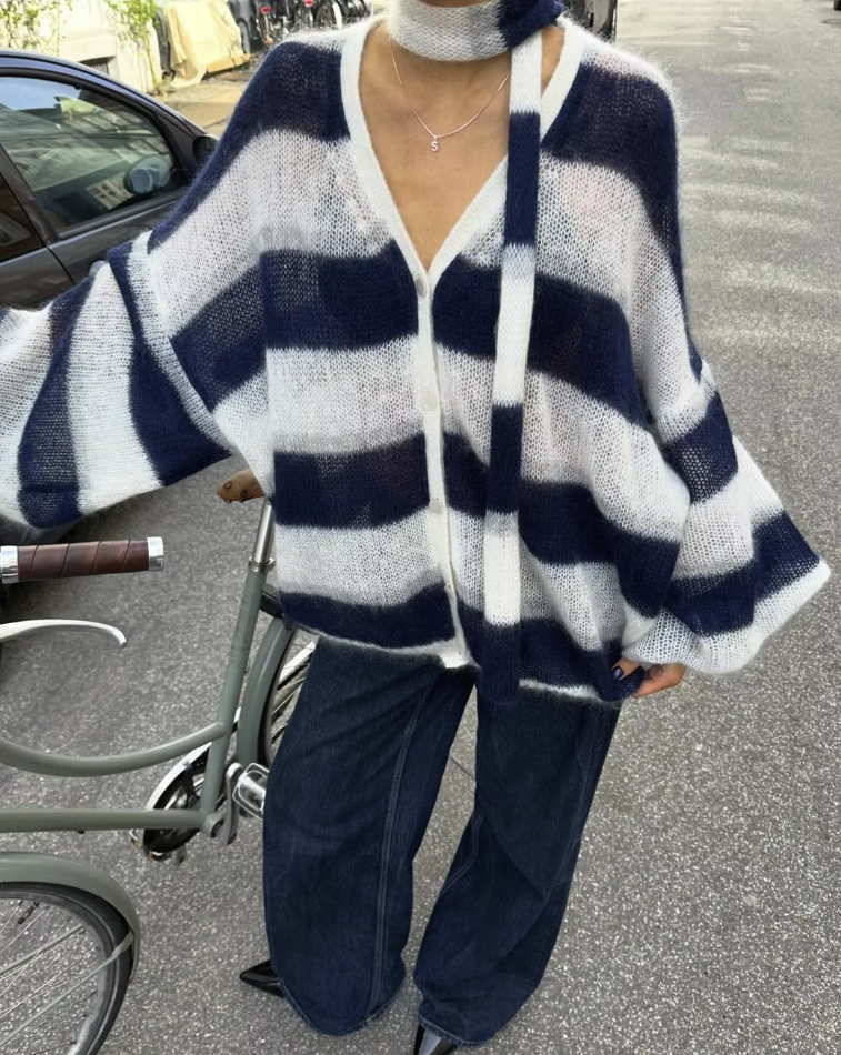 Rosie - Comfortable Striped Knitted Cardigan With Scarf