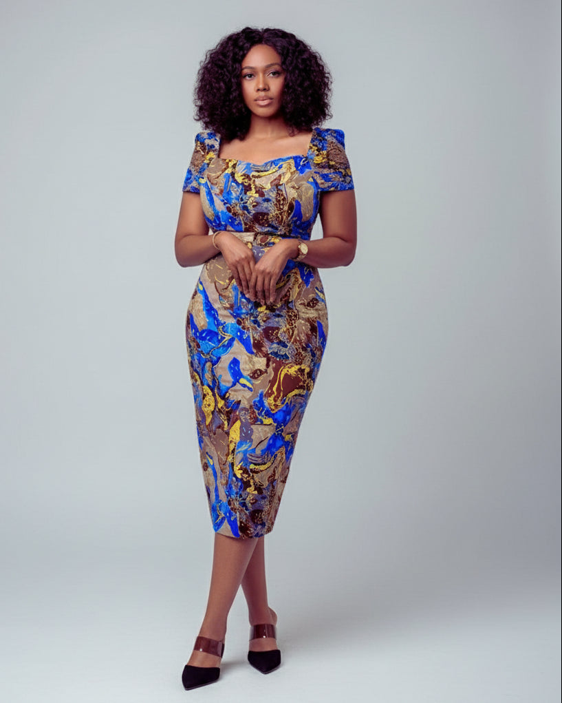 Woman wearing a colorful patterned dress on a plain background